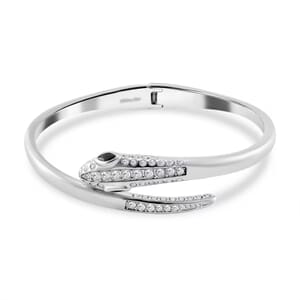 Black Glass and Simulated Diamond Bangle Bracelet in Stainless Steel (7.50 In)