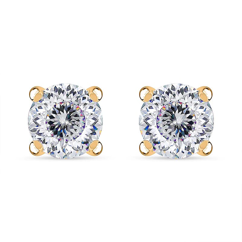 D'Joy 120 Facet Strontium Titanate 2.50 ctw Solitaire Stud Earrings in 18K Vermeil Yellow Gold Over Sterling Silver