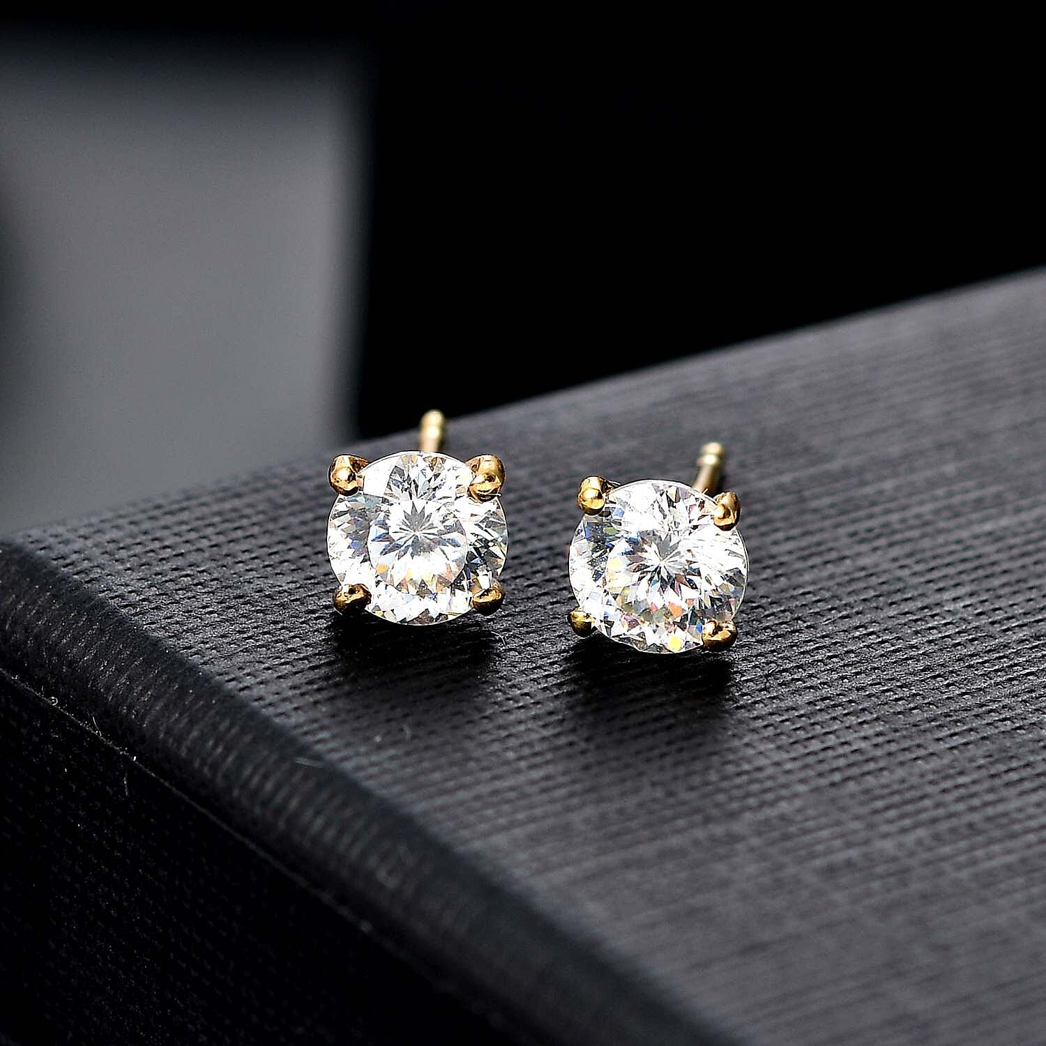D'Joy 120 Facet Strontium Titanate 2.50 ctw Solitaire Stud Earrings in 18K Vermeil Yellow Gold Over Sterling Silver