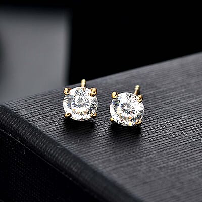 D'Joy 120 Facet Strontium Titanate 2.50 ctw Solitaire Stud Earrings in 18K Vermeil Yellow Gold Over Sterling Silver