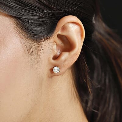 D'Joy 120 Facet Strontium Titanate 2.50 ctw Solitaire Stud Earrings in 18K Vermeil Yellow Gold Over Sterling Silver