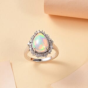 Premium Ethiopian Welo Opal and Diamond 2.90 ctw Sunlight Ring in Rhodium Over Sterling Silver (Size 10.0)