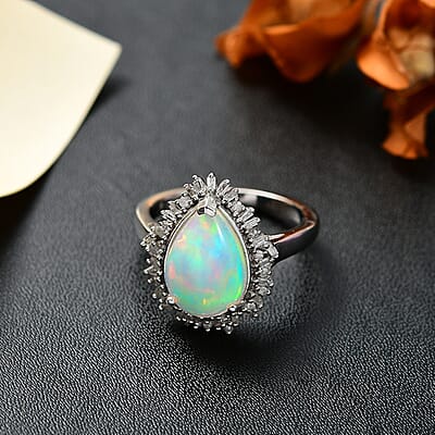 Premium Ethiopian Welo Opal and Diamond 2.90 ctw Sunlight Ring in Rhodium Over Sterling Silver (Size 10.0)