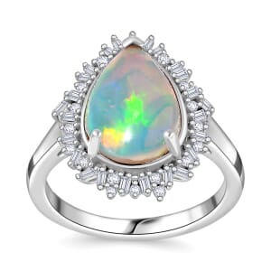 Premium Ethiopian Welo Opal and Diamond 2.90 ctw Sunlight Ring in Rhodium Over Sterling Silver (Size 6.0)