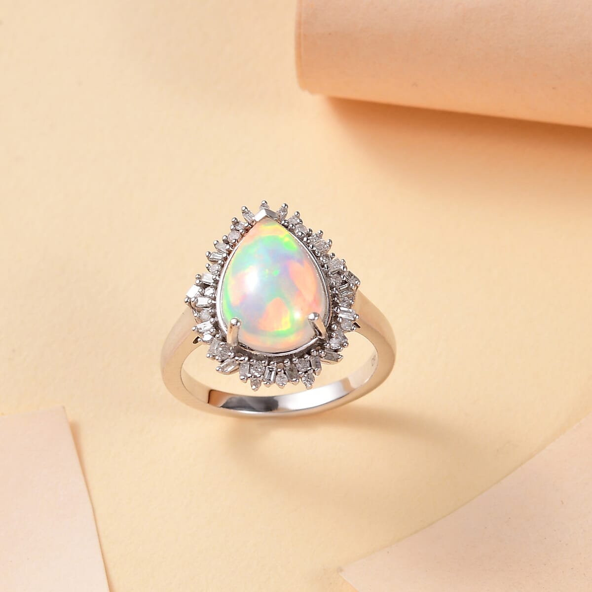 Premium Ethiopian Welo Opal and Diamond 2.90 ctw Sunlight Ring in Rhodium Over Sterling Silver (Size 6.0) image number 1