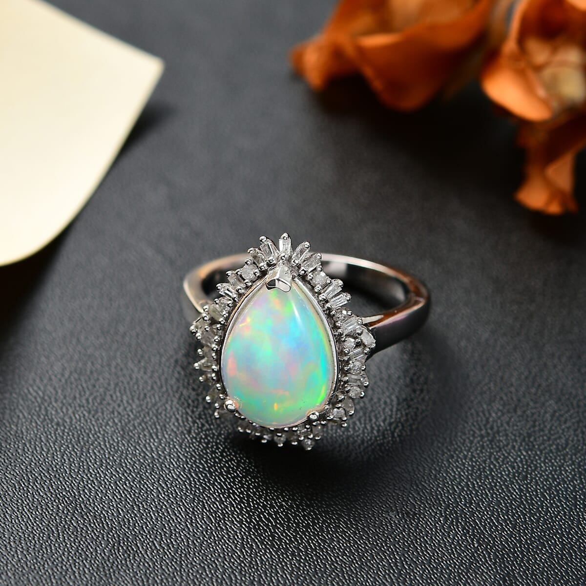 Premium Ethiopian Welo Opal and Diamond 2.90 ctw Sunlight Ring in Rhodium Over Sterling Silver (Size 6.0) image number 2