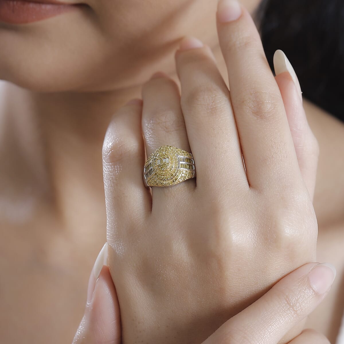 Yellow Diamond 1.00 ctw Pave Ring in Rhodium Over Sterling Silver (Size 7.0) image number 2