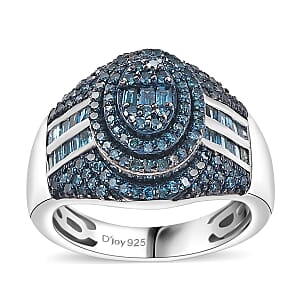 Blue Diamond 1.00 ctw Pave Ring in Rhodium Over Sterling Silver (Size 6.0)