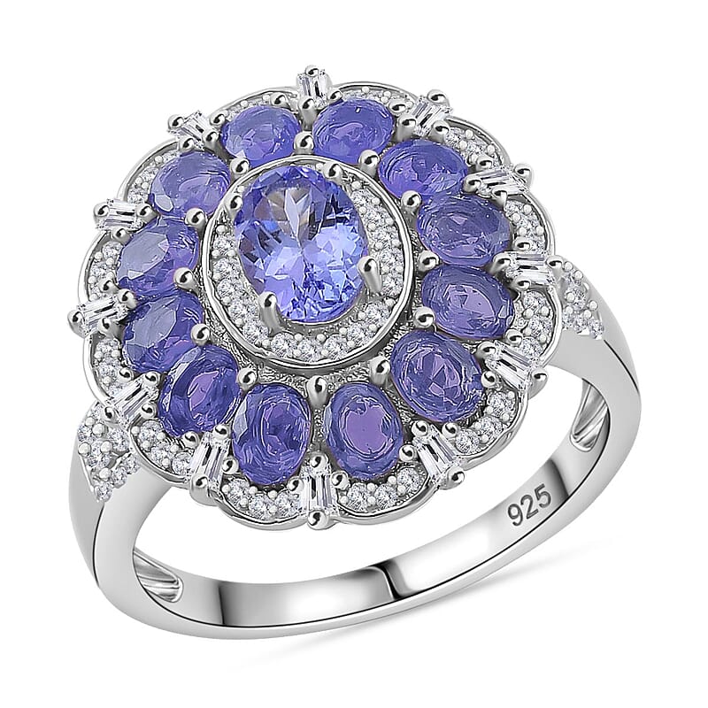 Tanzanite and Moissanite 3.60 ctw Dahlia Floral Ring in Rhodium Over Sterling Silver (Size 10.0)