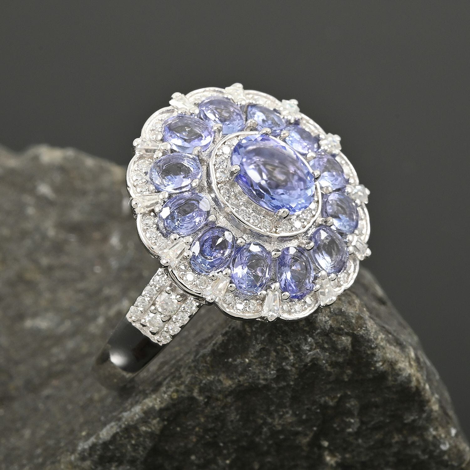 Tanzanite and Moissanite 3.60 ctw Dahlia Floral Ring in Rhodium Over Sterling Silver (Size 10.0)