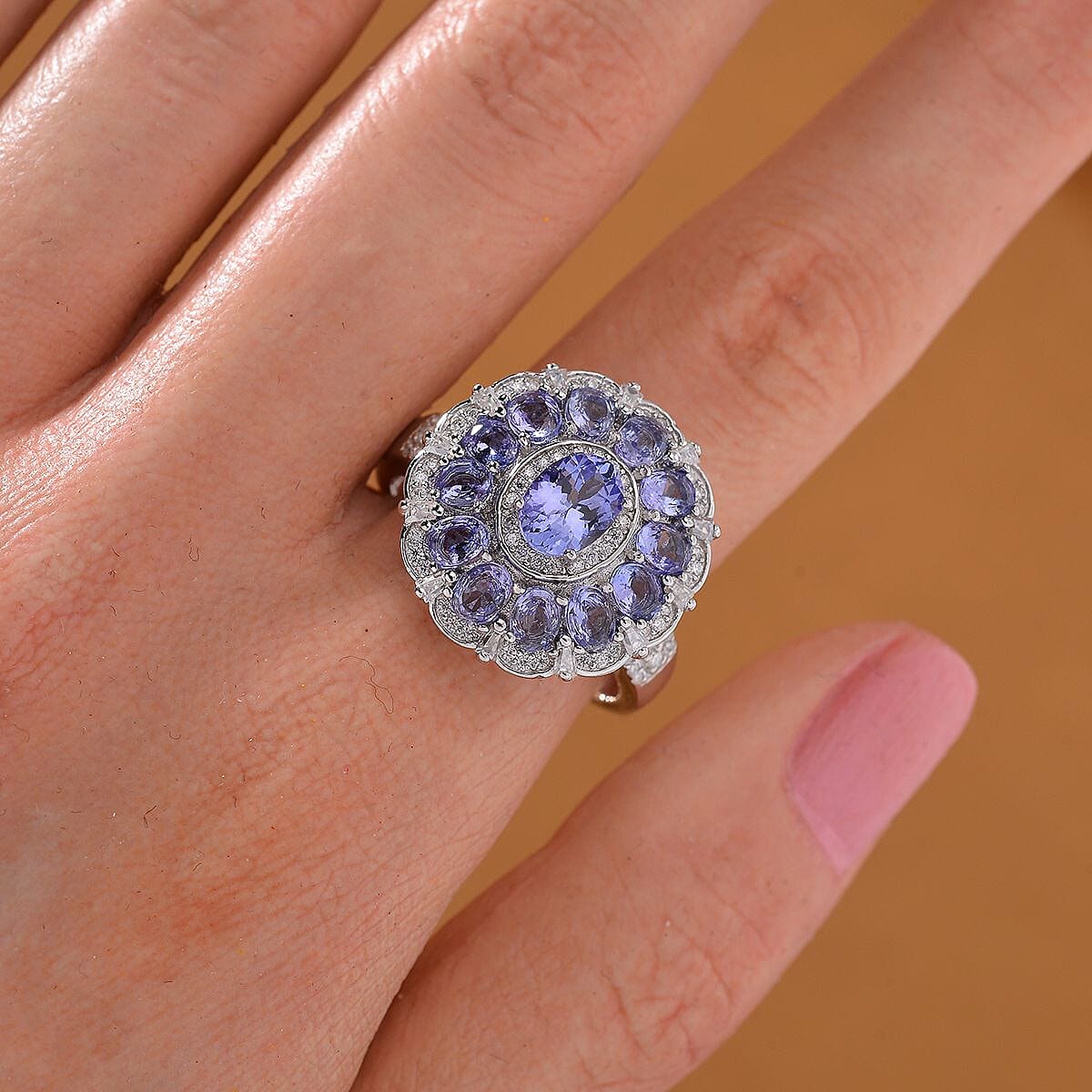 Tanzanite and Moissanite 3.60 ctw Dahlia Floral Ring in Rhodium Over Sterling Silver (Size 10.0)