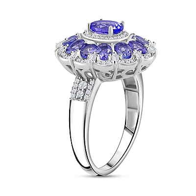 Tanzanite and Moissanite 3.60 ctw Dahlia Floral Ring in Rhodium Over Sterling Silver (Size 10.0)