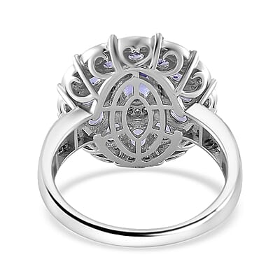 Tanzanite and Moissanite 3.60 ctw Dahlia Floral Ring in Rhodium Over Sterling Silver (Size 10.0)