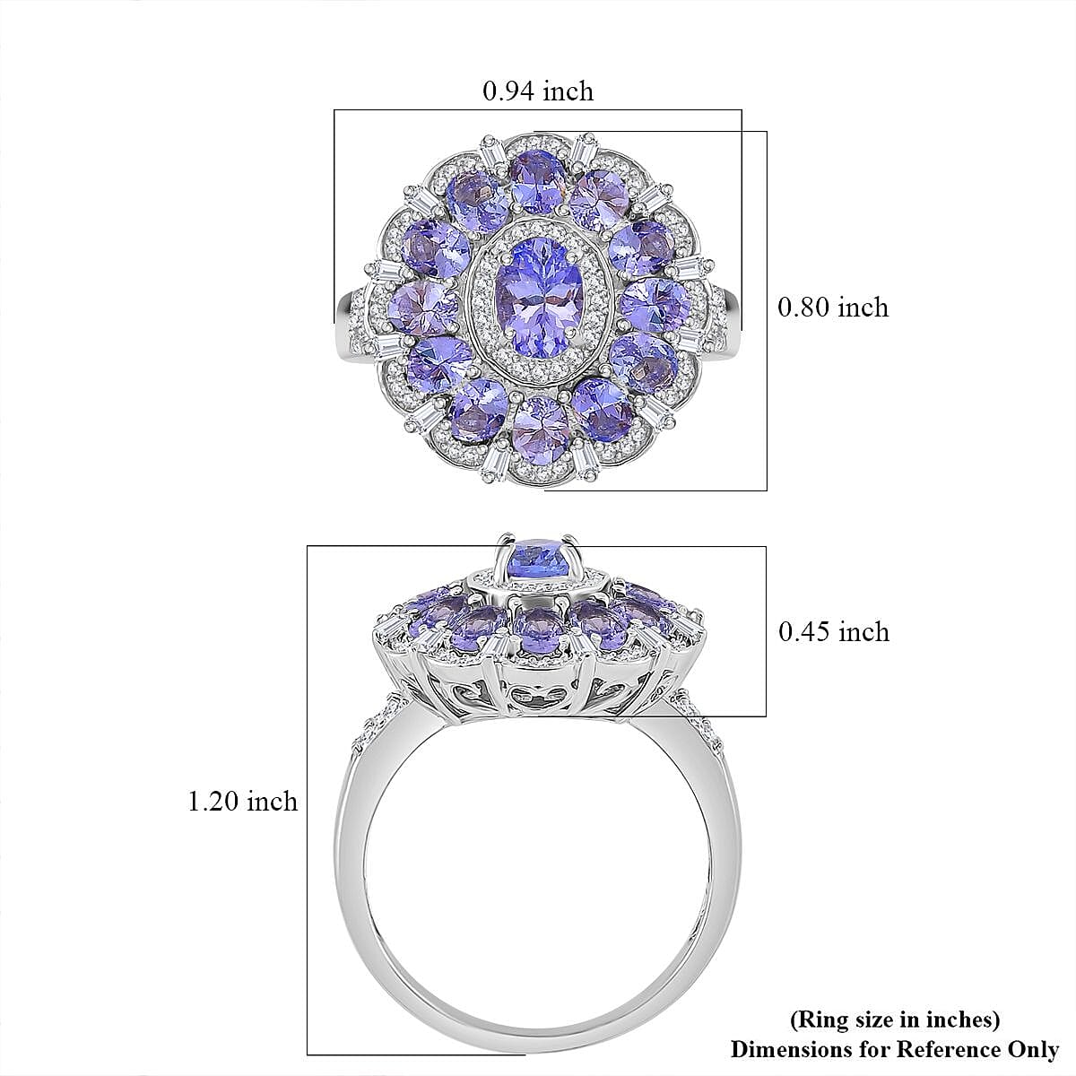 Tanzanite and Moissanite 3.60 ctw Dahlia Floral Ring in Rhodium Over Sterling Silver (Size 10.0)