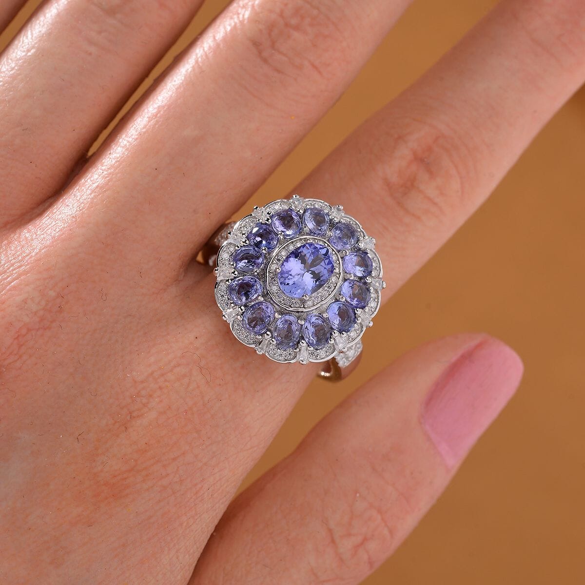 Tanzanite and Moissanite 3.60 ctw Dahlia Floral Ring in Rhodium Over Sterling Silver (Size 8.0) image number 2