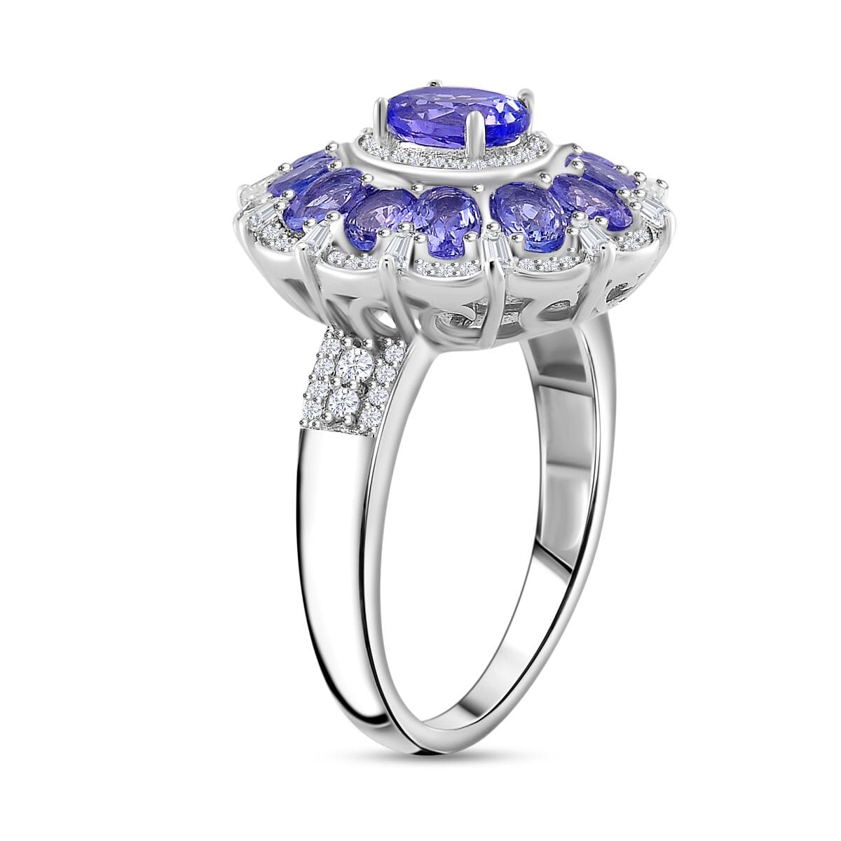 Tanzanite and Moissanite 3.60 ctw Dahlia Floral Ring in Rhodium Over Sterling Silver (Size 8.0) image number 3