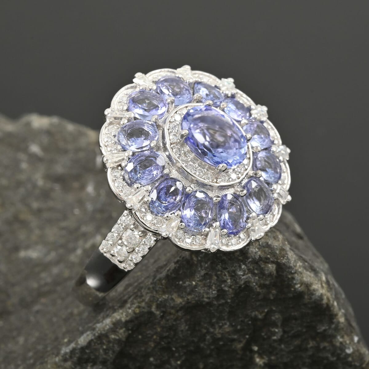 Tanzanite and Moissanite 3.60 ctw Dahlia Floral Ring in Rhodium Over Sterling Silver (Size 9.0) image number 1