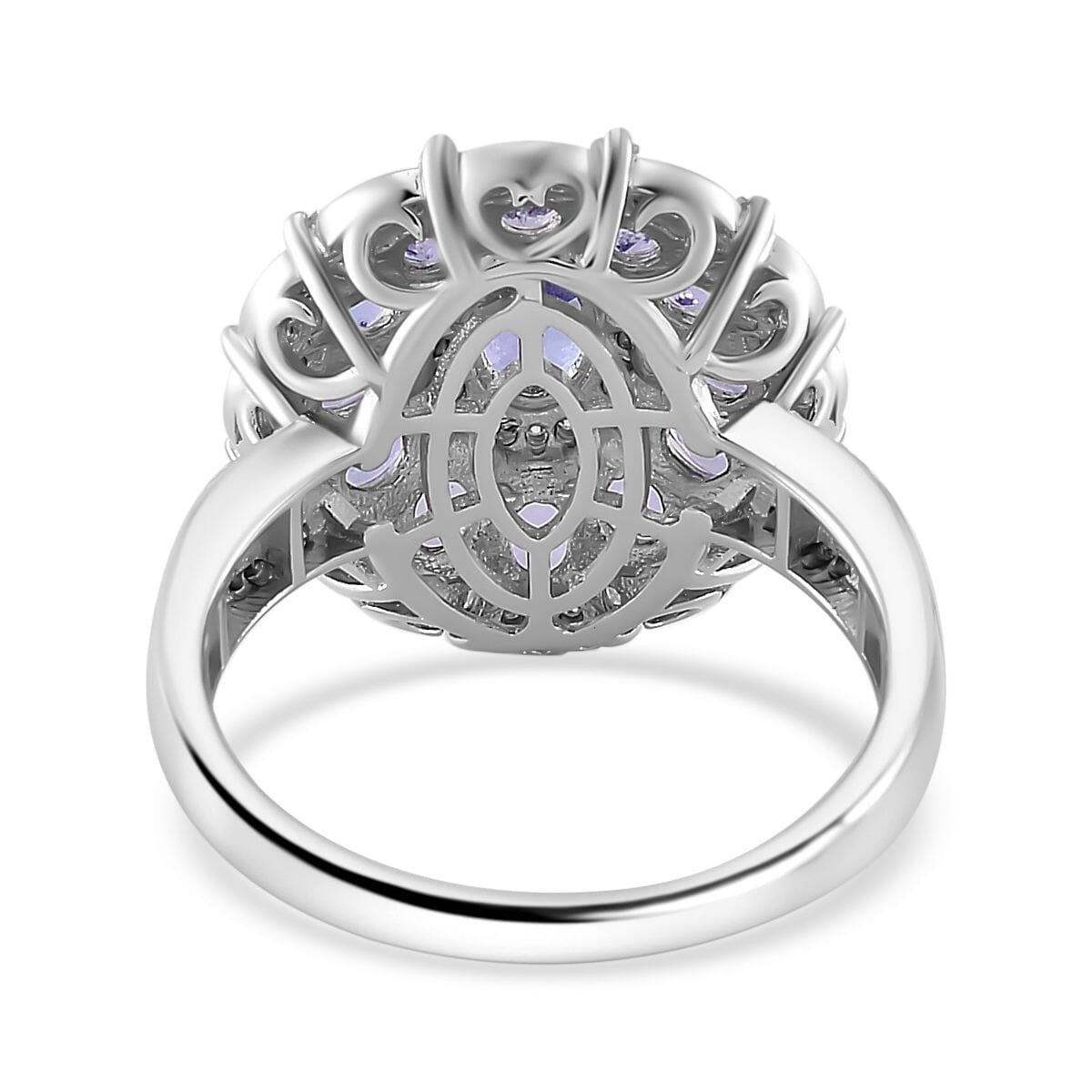 Tanzanite and Moissanite 3.60 ctw Dahlia Floral Ring in Rhodium Over Sterling Silver (Size 9.0) image number 4