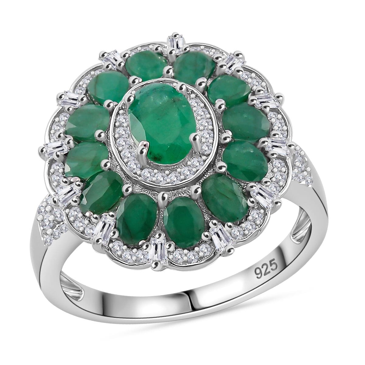 Kagem Zambian Emerald and Moissanite 3.30 ctw Dahlia Floral Ring in Rhodium Over Sterling Silver (Size 9.0) image number 0
