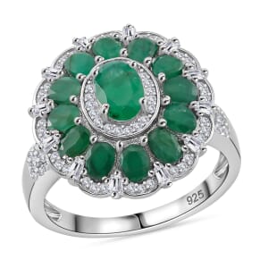 Kagem Zambian Emerald and Moissanite 3.30 ctw Dahlia Floral Ring in Rhodium Over Sterling Silver (Size 9.0)