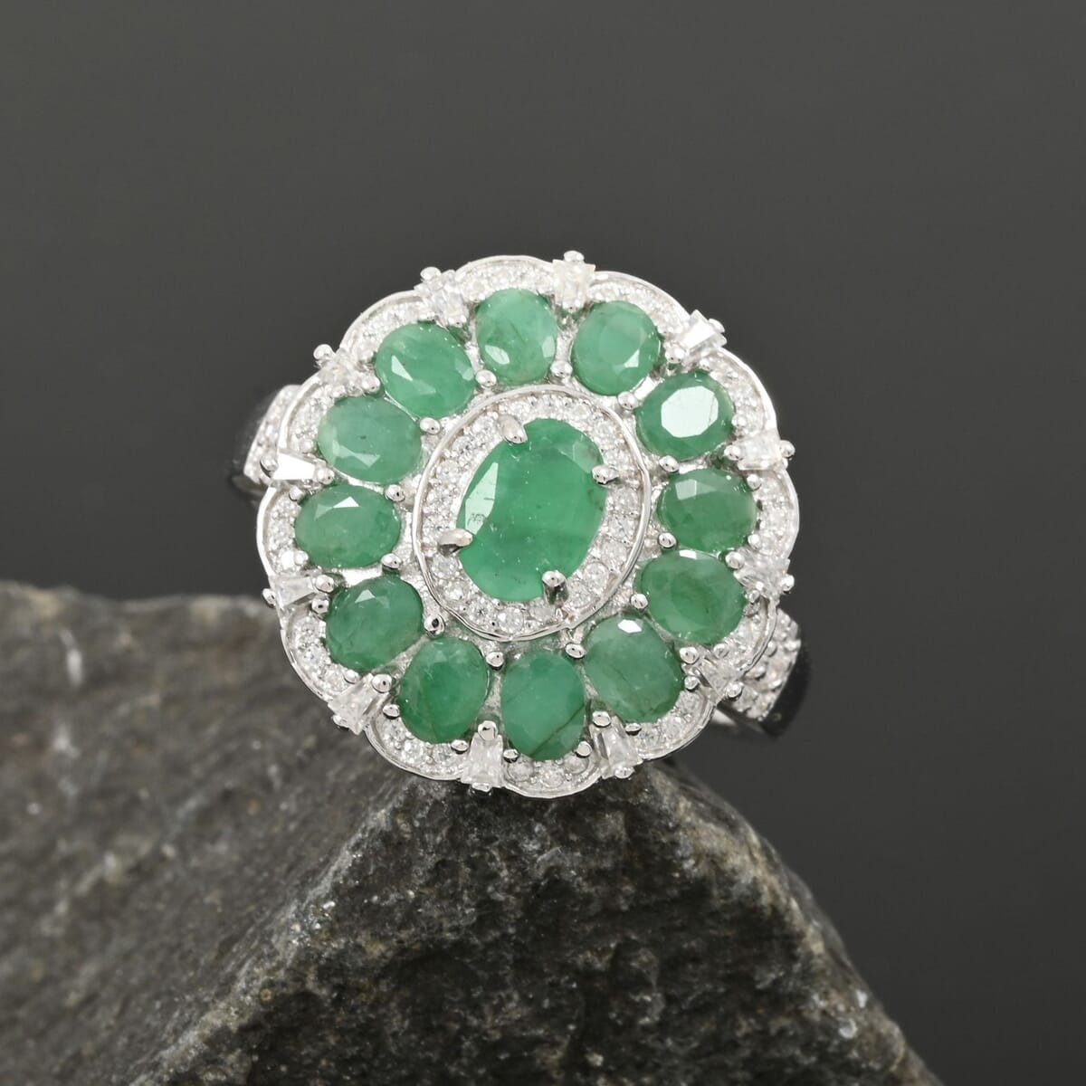 Kagem Zambian Emerald and Moissanite 3.30 ctw Dahlia Floral Ring in Rhodium Over Sterling Silver (Size 9.0) image number 1