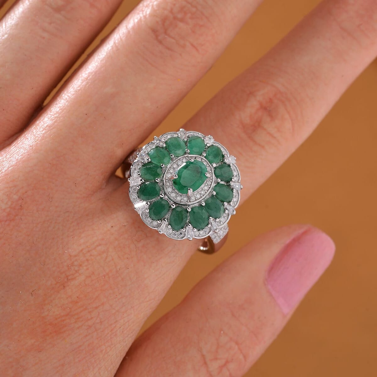 Kagem Zambian Emerald and Moissanite 3.30 ctw Dahlia Floral Ring in Rhodium Over Sterling Silver (Size 9.0) image number 2