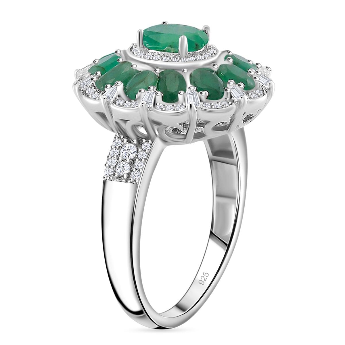 Kagem Zambian Emerald and Moissanite 3.30 ctw Dahlia Floral Ring in Rhodium Over Sterling Silver (Size 9.0) image number 3