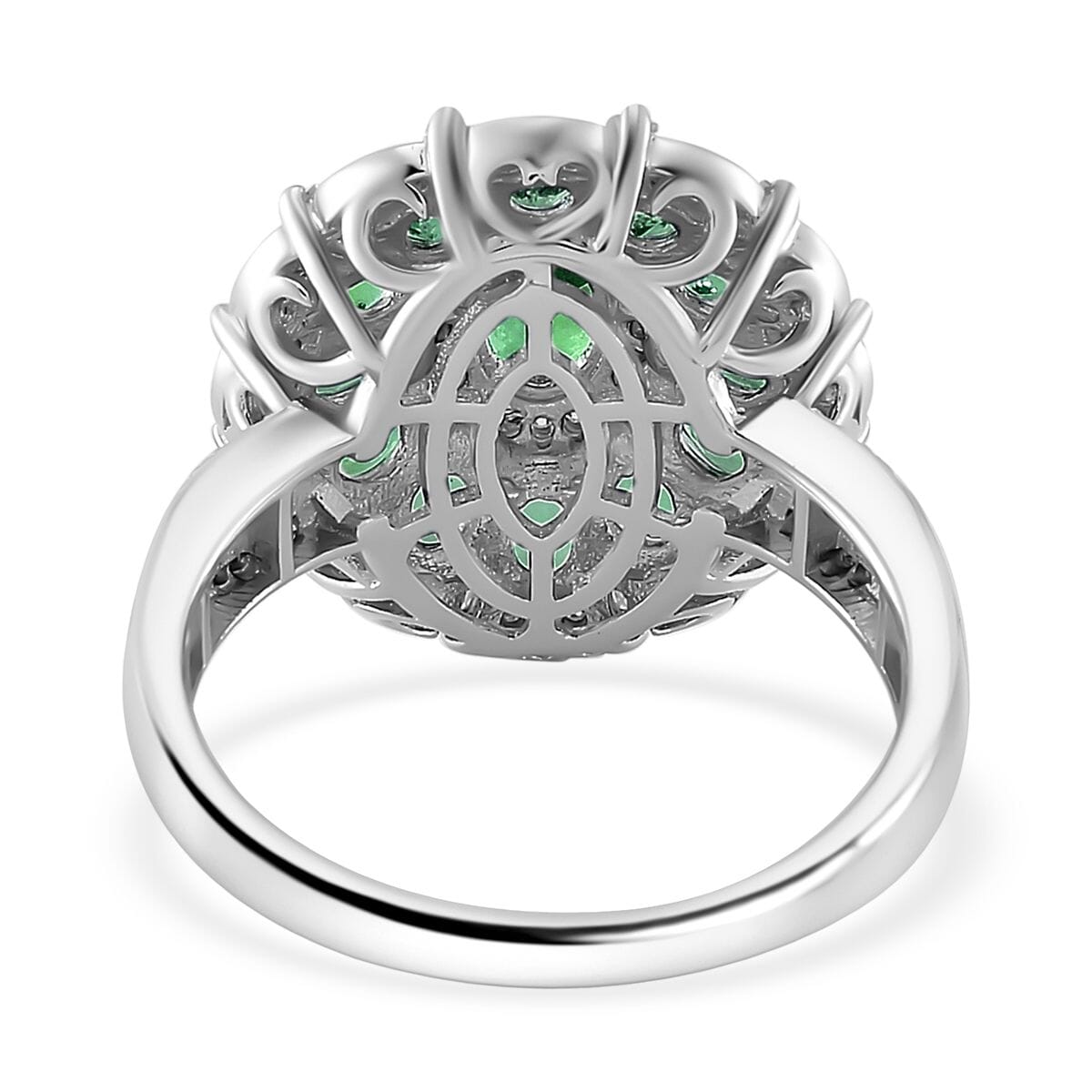 Kagem Zambian Emerald and Moissanite 3.30 ctw Dahlia Floral Ring in Rhodium Over Sterling Silver (Size 9.0) image number 4