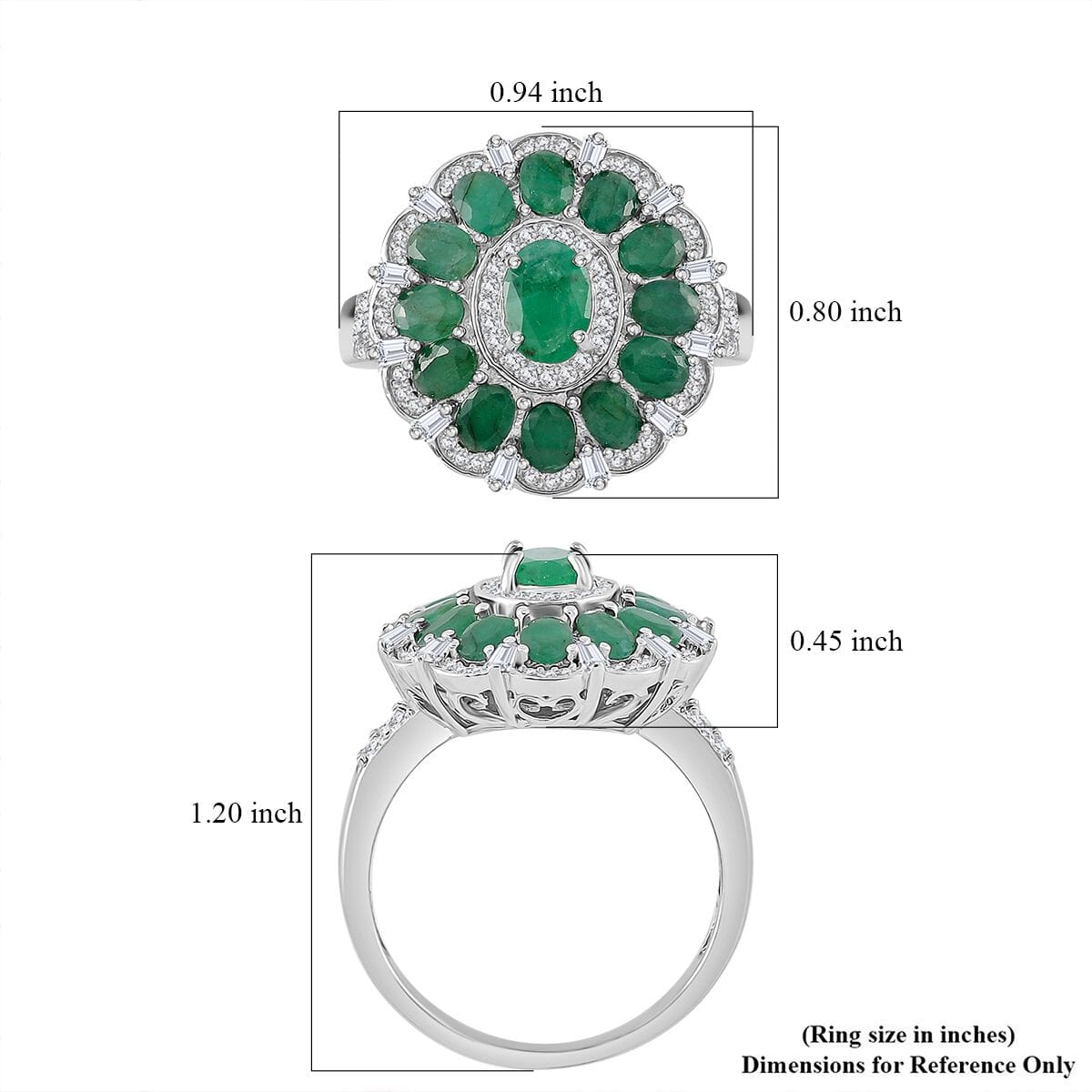 Kagem Zambian Emerald and Moissanite 3.30 ctw Dahlia Floral Ring in Rhodium Over Sterling Silver (Size 9.0) image number 5
