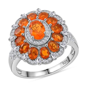 Crimson Fire Opal and Moissanite 2.50 ctw Dahlia Floral Ring in Rhodium Over Sterling Silver (Size 10.0)