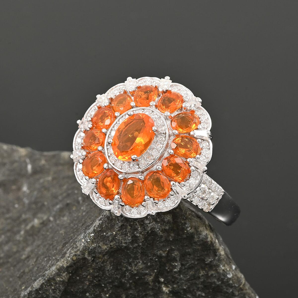 Crimson Fire Opal and Moissanite 2.50 ctw Dahlia Floral Ring in Rhodium Over Sterling Silver (Size 6.0) image number 1
