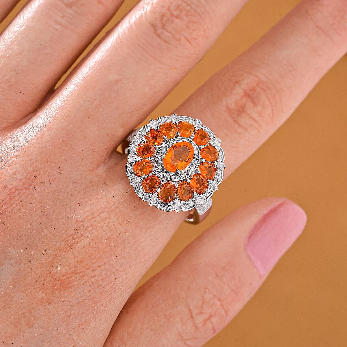 Crimson Fire Opal and Moissanite 2.50 ctw Dahlia Floral Ring in Rhodium Over Sterling Silver (Size 6.0) image number 2
