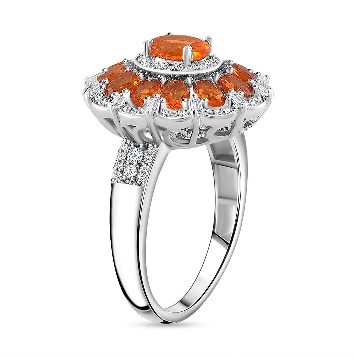 Crimson Fire Opal and Moissanite 2.50 ctw Dahlia Floral Ring in Rhodium Over Sterling Silver (Size 6.0) image number 3