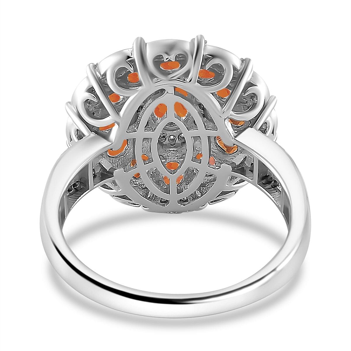 Crimson Fire Opal and Moissanite 2.50 ctw Dahlia Floral Ring in Rhodium Over Sterling Silver (Size 6.0) image number 4