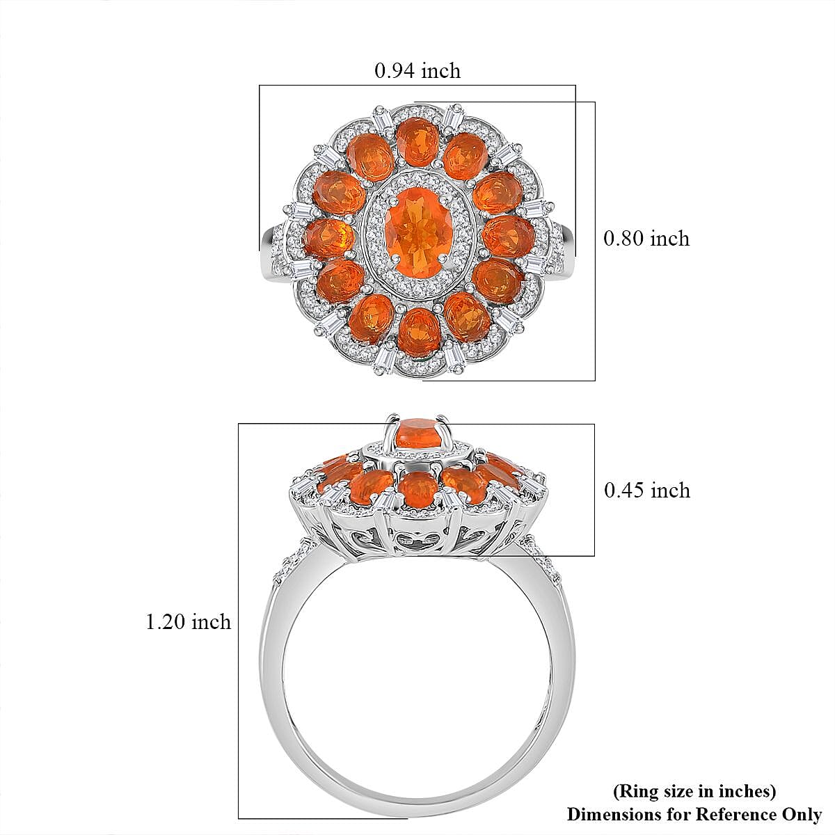Crimson Fire Opal and Moissanite 2.50 ctw Dahlia Floral Ring in Rhodium Over Sterling Silver (Size 6.0) image number 5