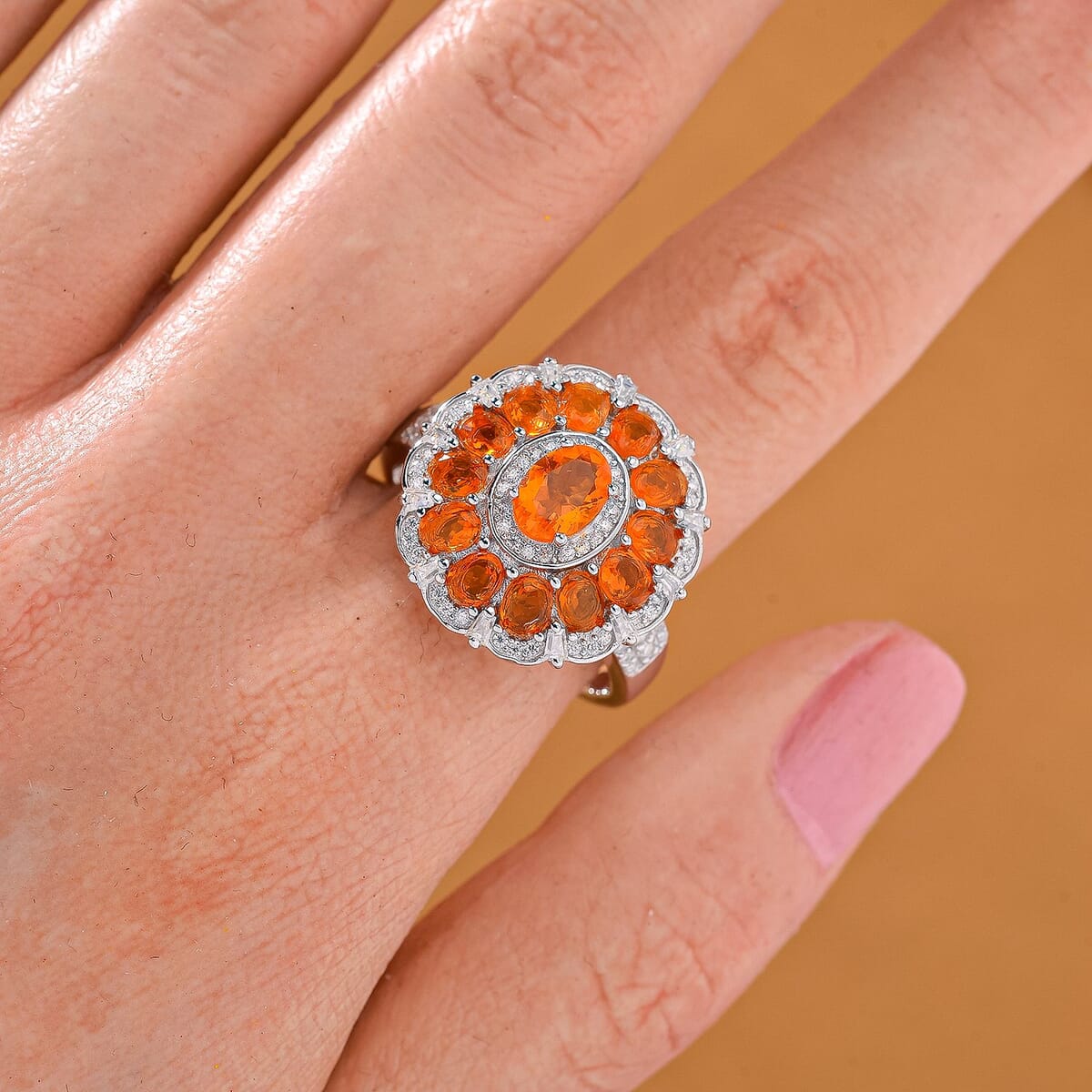 Crimson Fire Opal and Moissanite 2.50 ctw Dahlia Floral Ring in Rhodium Over Sterling Silver (Size 7.0) image number 2