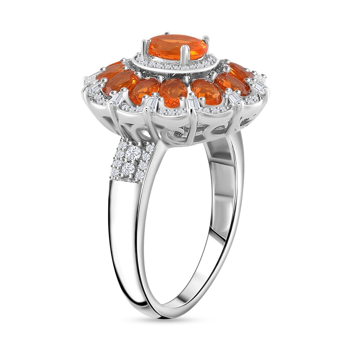 Crimson Fire Opal and Moissanite 2.50 ctw Dahlia Floral Ring in Rhodium Over Sterling Silver (Size 7.0) image number 3