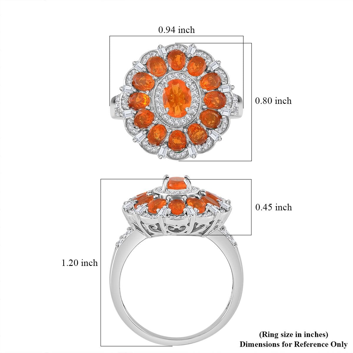 Crimson Fire Opal and Moissanite 2.50 ctw Dahlia Floral Ring in Rhodium Over Sterling Silver (Size 7.0) image number 5