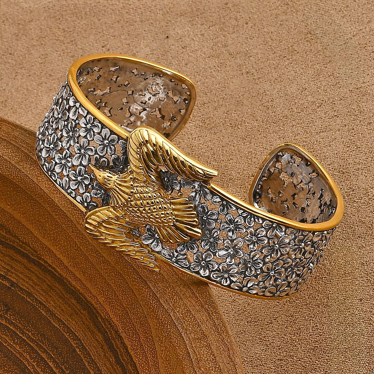 D'Joy Bali Legacy Frangipani Flower Eagle Cuff Bracelet in 22K Vermeil YG Over and Sterling Silver (7.25 In) 29.65 Grams image number 1