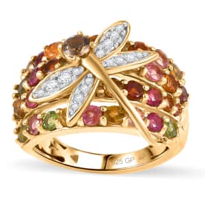 GP Trionfo Collection Multi-Tourmaline and Multi Gemstone 3.10 ctw Rainbow Dragonfly Ring in 18K Vermeil Yellow Gold Over Sterling Silver (Size 10.0)