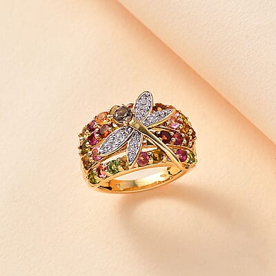 GP Trionfo Collection Multi-Tourmaline and Multi Gemstone 3.10 ctw Rainbow Dragonfly Ring in 18K Vermeil Yellow Gold Over Sterling Silver (Size 10.0)