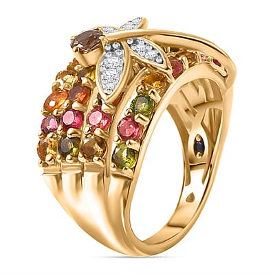 GP Trionfo Collection Multi-Tourmaline and Multi Gemstone 3.10 ctw Rainbow Dragonfly Ring in 18K Vermeil Yellow Gold Over Sterling Silver (Size 10.0)