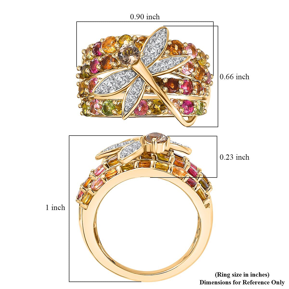 GP Trionfo Collection Multi-Tourmaline and Multi Gemstone 3.10 ctw Rainbow Dragonfly Ring in 18K Vermeil Yellow Gold Over Sterling Silver (Size 10.0)
