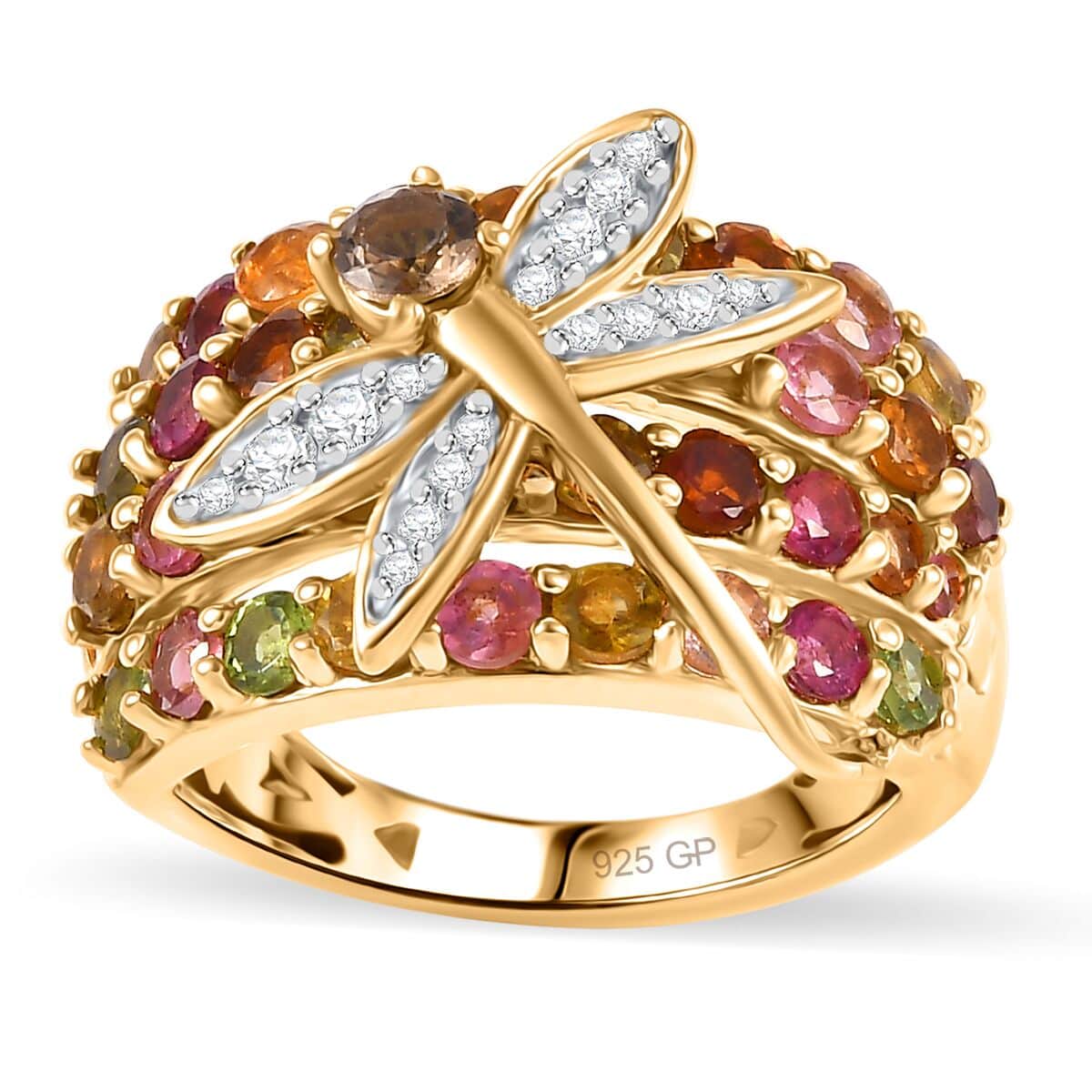 GP Trionfo Collection Multi-Tourmaline and Multi Gemstone 3.10 ctw Rainbow Dragonfly Ring in 18K Vermeil Yellow Gold Over Sterling Silver (Size 5.0) image number 0