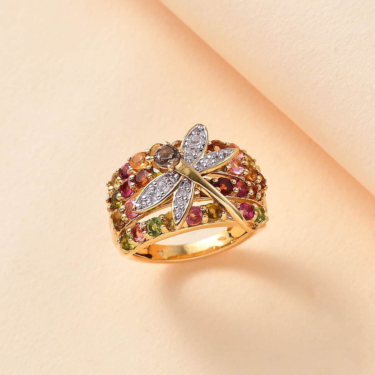 GP Trionfo Collection Multi-Tourmaline and Multi Gemstone 3.10 ctw Rainbow Dragonfly Ring in 18K Vermeil Yellow Gold Over Sterling Silver (Size 5.0) image number 1