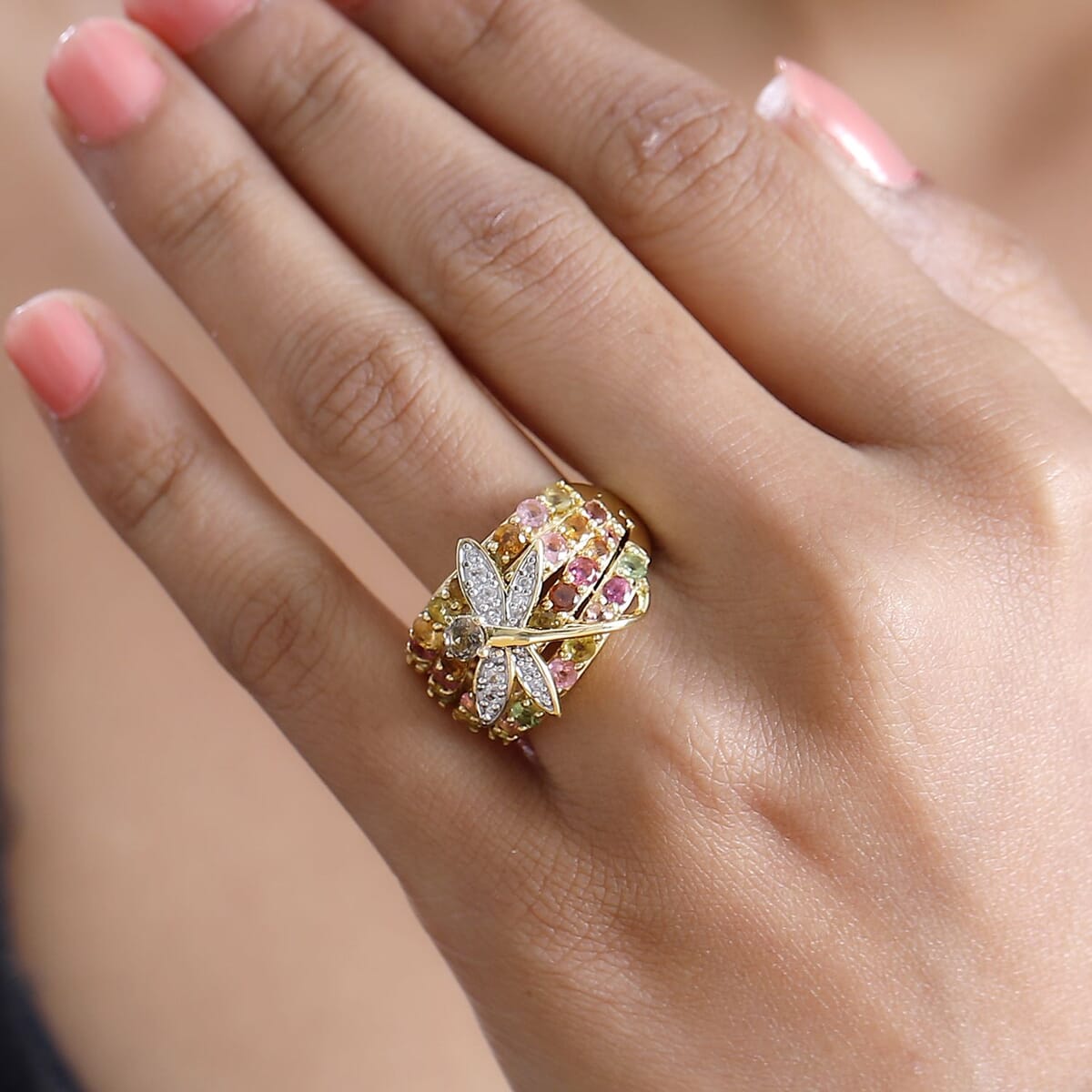GP Trionfo Collection Multi-Tourmaline and Multi Gemstone 3.10 ctw Rainbow Dragonfly Ring in 18K Vermeil Yellow Gold Over Sterling Silver (Size 7.0) image number 2