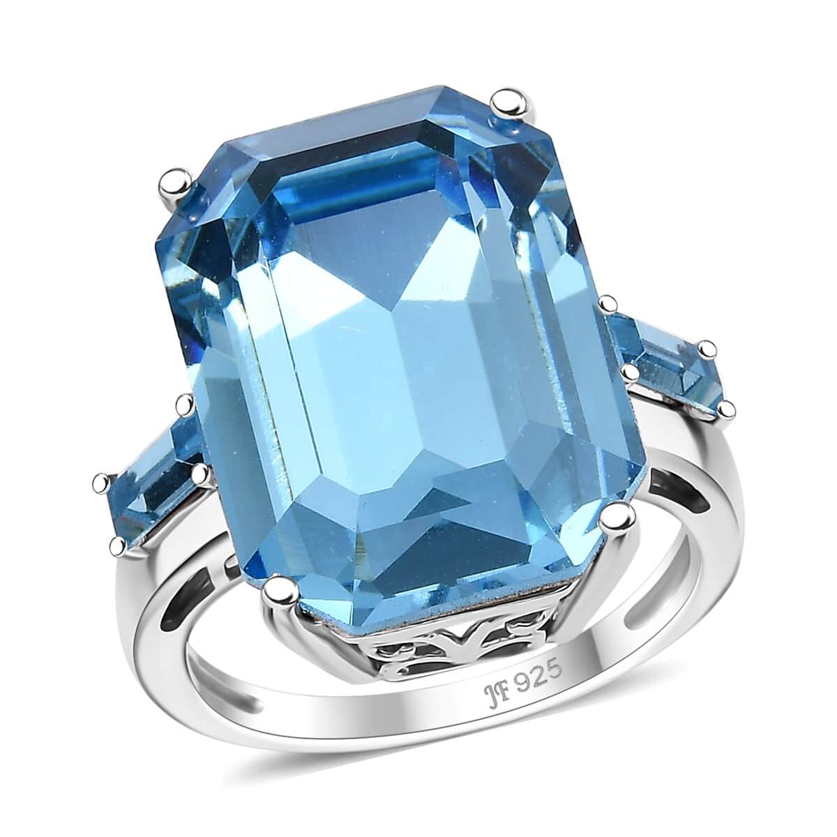 J Francis Embellished with Aquamarine Color Crystal by Swarovski Ring in Rhodium Over Sterling Silver (Size 10.0) 13.30 ctw image number 0