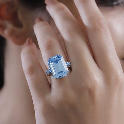 J Francis Embellished with Aquamarine Color Crystal by Swarovski Beauty of Ocean Ring in Rhodium Over Sterling Silver (Size 10.0)