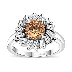 J Francis Embellished with Amber Color and White Zirconia by Swarovski 3.60 ctw Swirl Halo Ring in Rhodium Over Sterling Silver (Size 10.0)