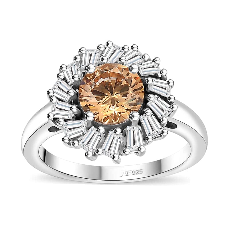 J Francis Embellished with Amber Color and White Zirconia by Swarovski 3.60 ctw Swirl Halo Ring in Rhodium Over Sterling Silver (Size 10.0)